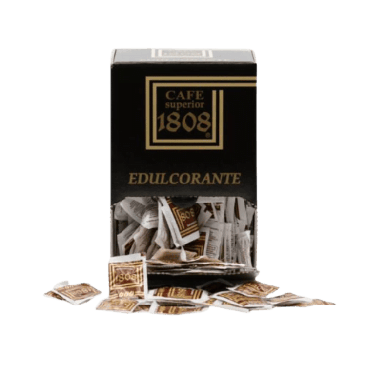 foto del edulcorante de cafés 1808 en una sobres saliendo de una caja