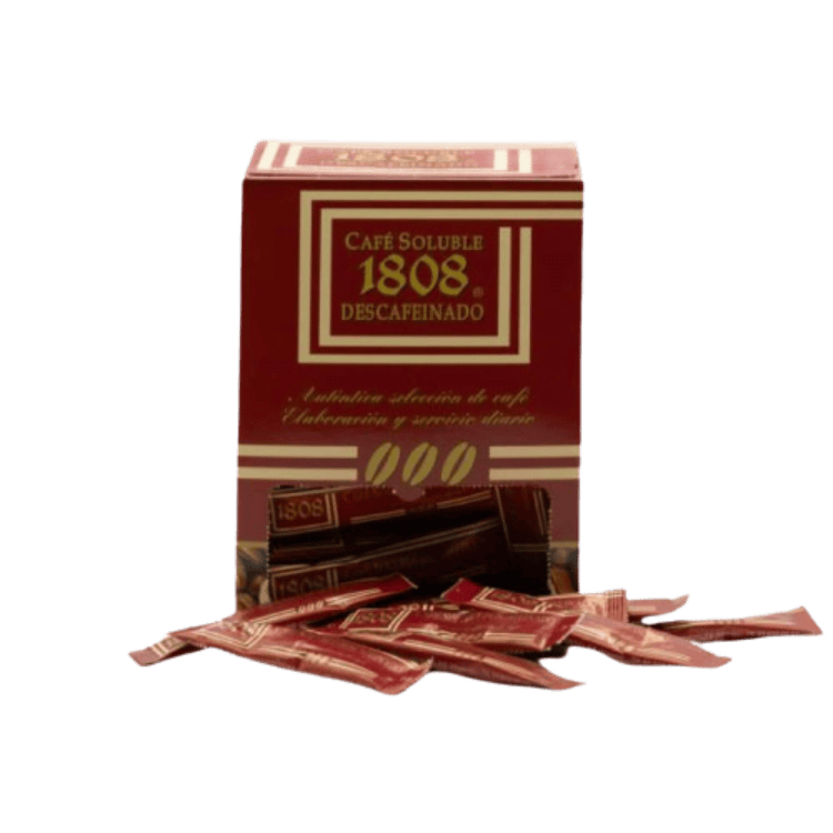 1808 Soluble Descafeinado en su sobres apareciendo desde el fondo de la caja