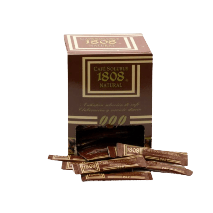 1808 soluble natural de cafés 1808 en sobres saliendo de una caja