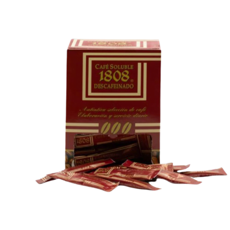 soluble-descafeinado 1808 Soluble Descafeinado en su sobres apareciendo desde el fondo de la caja