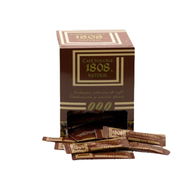 1808 soluble natural de cafés 1808 en sobres saliendo de una caja